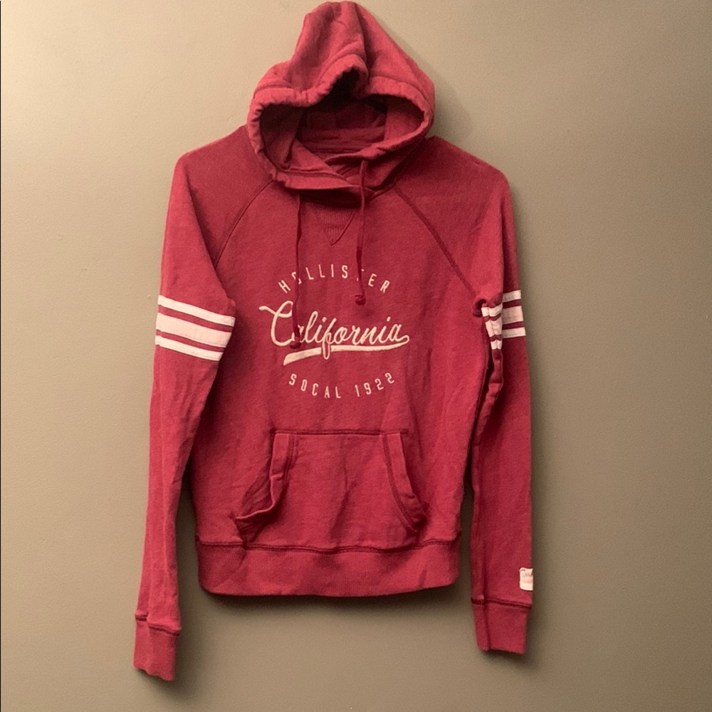 Hollister Red Hoodie Sweater with White Stripes and Embroidered Front Design
